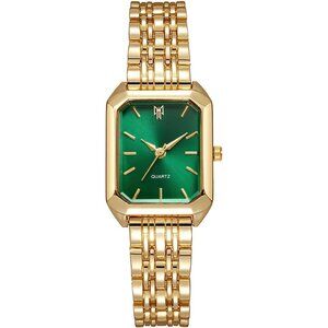 Women's Gold Green Square Quartz Wrist Watches Steel Strap Casual Fashion
